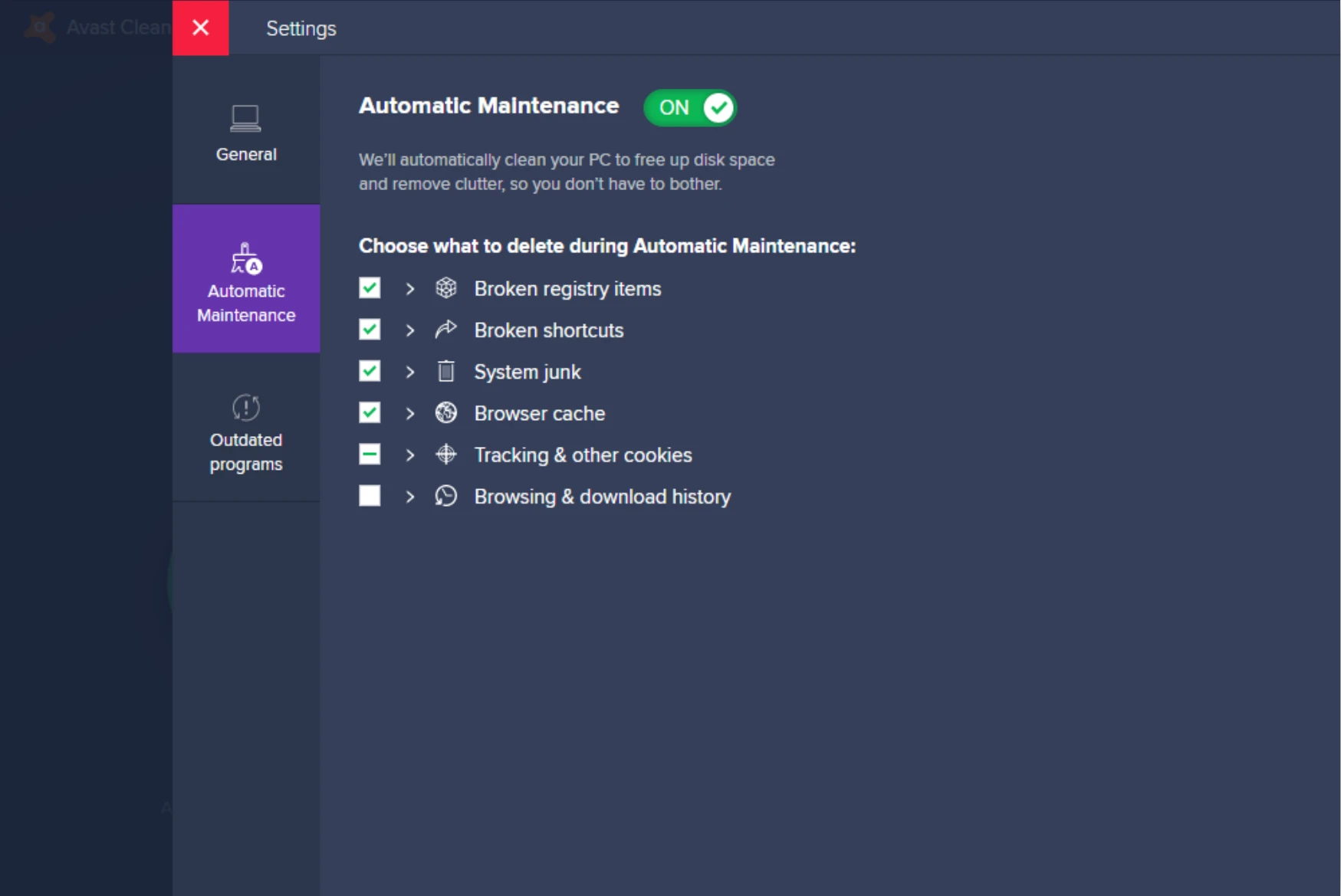 AvastCleanup中的自动维护模式将保持你的浏览器整洁，以提高缓冲速度。