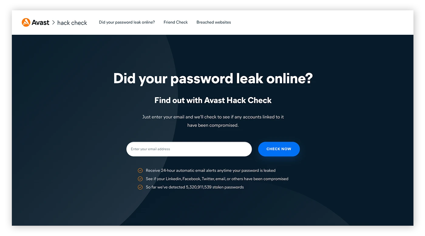 Avast HackCheck是一个免费的工具,用于检查你的个人数据是否暴露。